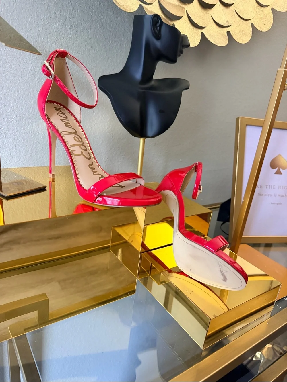 Sam Edelman Red Patent Ankle-Strap Heels with Gold Accents - Picture 11 of 13